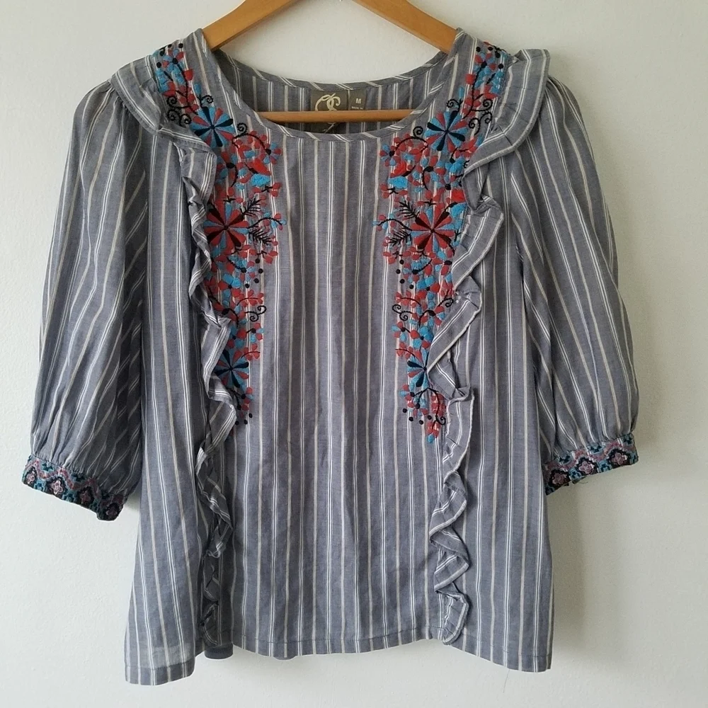 ANTHROPOLOGIE One September Embroidered Floral Ruffle Striped Blouse Size M
